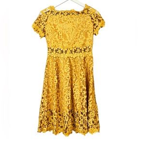 Aizhe Floral Eyelet Yellow Gold Lace Dress Women Sz L